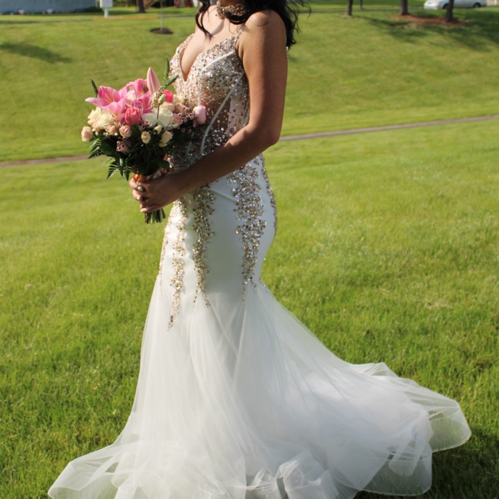 WHITE AND GOLD JOVANI CORSET MERMAID PROM DRESS